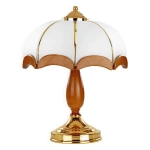 Lampa drewniana nocna w stylu prl metalowa złota podstawa i szklany mleczny klosz Sikorka Alfa 769 2xE14 40cm