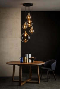 Lampa wisząca nad stół dymne klosze i czarna okrągła rozeta Lucide 34438/05/65 Julius 5xE27 50cm x 160cm
