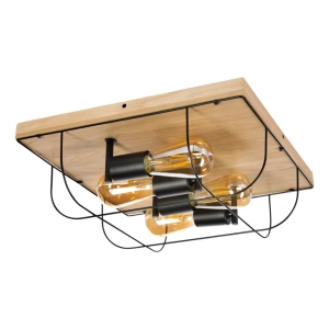 Lampa sufitowa loft industrialna drewniana kwadratowa podstawa i cztery czarne trzonki na żarówki dekoracyjne Britop 92044474 Netuno 4xE27 40x40cm