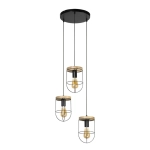 Lampa wisząca loftowa trzy abażury druciane czarne z drewnianym elementem Britop 184159304R Netuno 3xE27