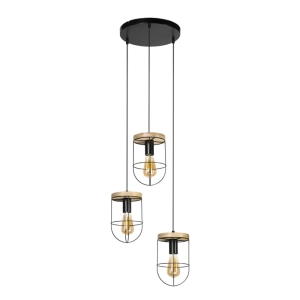 Lampa wisząca loftowa trzy abażury druciane czarne z drewnianym elementem Britop 184159304R Netuno 3xE27
