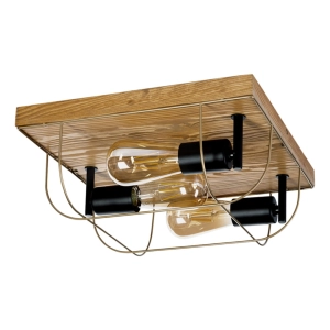 Lampa sufitowa drewniana podstawa dębowa loft na trzy żarówki czarna metalowa osłona Britop 92013351 Netuno 3xE27 34x34cm