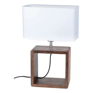 Lampa nocna drewniana kwadratowa podstawa biały abażur z tkaniny drewno bukowe orzech Britop 7702976 Cadre 1xE27