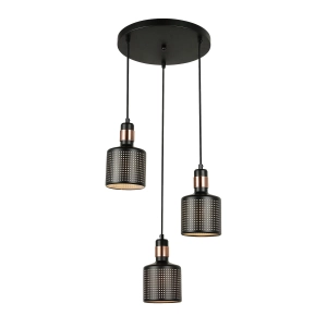 Lampa wisząca czarna trzy metalowe abażury z otworami miedziane dodatki Italux PND-2439-3-BK Restenza 3xE27