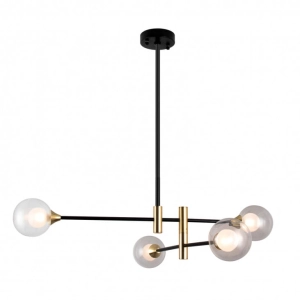 Lampa sufitowa czarny pionowy trzon dwie poprzeczki zakończone szklanymi przezroczystymi kloszami w kształcie kul złote mosiężne dodatki Italux PND-9148-4 Marino 4xG9
