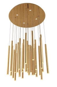 Duża lampa wisząca złote walce na okrągłej rozecie Max Light P0242d Organic LED 33x1W i 4x3W 3000K 62cm x 180cm ściemnialna