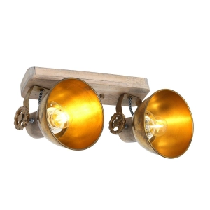Drewniana industrialna lampa sufitowa mosiężne reflektory Mexlite 7969BR Gearwood 2xE27 27cm