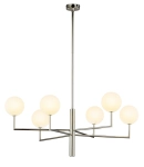 Niklowy szeroki żyrandol z białymi kloszami kulami Jupiter FE6 NI 1935 Feme 6xG9 104cm