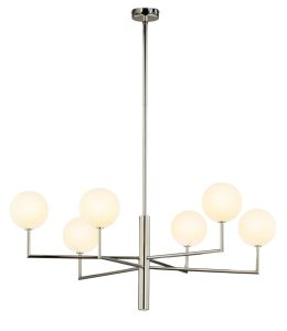 Niklowy szeroki żyrandol z białymi kloszami kulami Jupiter FE6 NI 1935 Feme 6xG9 104cm