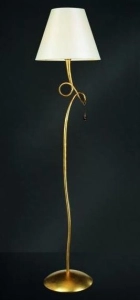 Złota lampa podłogowa dekoracyjna noga z zawieszką i kremowy abażur stożek Mantra 3543 Paola E14 173cm x 40cm