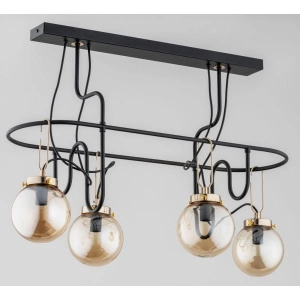 Nowoczesna lampa wisząca podłużny stelaż w kształcie elipsy szklane bursztynowe klosze kule i złote ozdobne elementy Ventis Alfa 63012 4xE14 71cm x 73cm