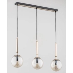 Lampa wisząca nad wyspę czarno złota podłużna listwa i szklane bursztynowe klosze kule Volda Picolo Alfa 63067 3xE14 78cm x 72cm