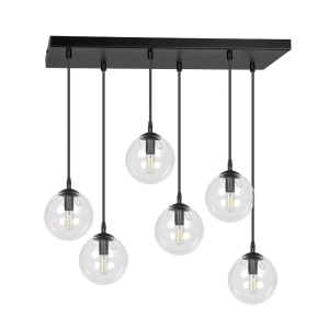Lampa wisząca sześć szklanych kul przezroczystych na różnej wysokości na prostokątnej podsufitce nowoczesna Emibig 711/6 Czarny Cosmo 6 Bl Transparent 6xE14