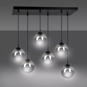 Lampa wisząca sześć szklanych kul grafitowych na różnej wysokości na prostokątnej podsufitce nowoczesna Cosmo 6 Bl Grafit Wisząca Emibig 712/6 Czarny 6xE14