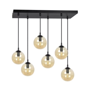 Lampa wisząca sześć szklanych kul miodowych na różnej wysokości na prostokątnej podsufitce nowoczesna Emibig 713/6 Czarny Cosmo 6 Bl Miodowy 6xE14
