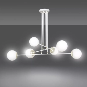 Biała lampa wisząca szklane kule na długich ramionach z złotymi dodatkami Emibig 967/6 Ognis 6 White