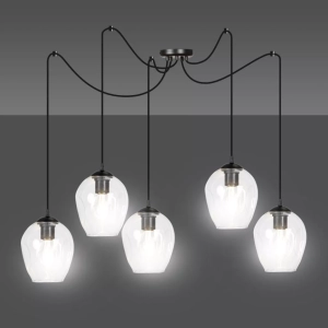 Lampa wisząca czarna typu pająk pięć szklanych kloszy transparentnych na przewodach Emibig 756/5 Czarny Level 5 Bl Transparent 5xE14
