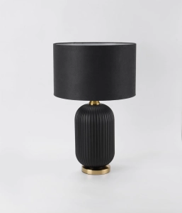 Czarna lampa stołowa frezowana owalna podstawa materiałowy abażur i złote dodatki Light Prestige LP-1515/1T big Tamiza E27 41cm x 65cm