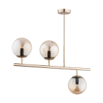 Nowoczesna lampa sufitowa podłużna złota rurka z czarnymi oprawkami bursztynowe klosze kule Factus Alfa 63029 3xE14 67cm x 71cm