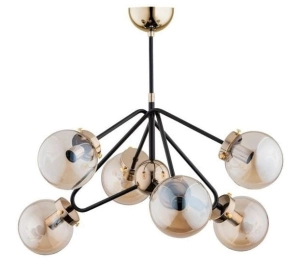 Nowoczesna lampa sufitowa czarno złota rozłożyste ramiona i szklane bursztynowe klosze kule Elba Gold Alfa 28256 6xE14 50cm x 62cm