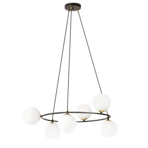 Lampa wisząca czarna obręcz złote talerzyki i białe klosze kule Emibig 1295/6 Azura 6xE14 75cm