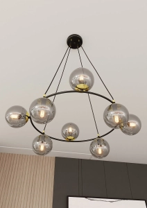 Lampa wisząca czarna obręcz złote talerzyki i grafitowe klosze kule Emibig 1294/8 Azura 8xE14 75cm