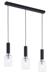 Czarna lampa wisząca na listwie z chromowanymi dodatkami i transparentnymi kloszami Jupiter 1869 Tuluza Ch 3xE27 70cm