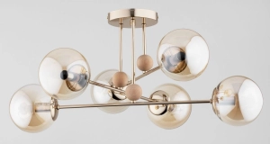 Złota lampa sufitowa z bursztynowymi kloszami kulami Alfa 63133 Opty 6xE14 71cm