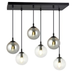 Lampa wisząca z dymnymi i transparentnymi kloszami na czarnej prostokątnej rozecie Emibig 714/6M2 Cosmo 6xE14