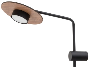 Lampa ścienna kinkiet z czarnym ramieniem i okrągłą tarczą z sklejki wokół reflektora Nowodvorski 7645 Disk I GX53