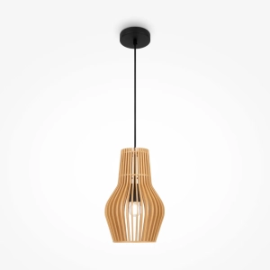 Czarna lampa wisząca z brązowym kloszem z sklejki Maytoni MOD191PL-01W Roots E27 20cm