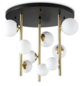 Czarno-mosiężna lampa sufitowa białe szklane kule na trzech drążkach Ideal Lux 328423 Perlage pl9 9xG9