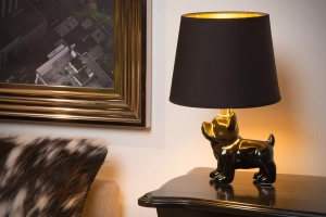 Czarna lampa nocna z abażurem i porcelanowym buldogiem Lucide 13533/81/30 Sir Winston E14