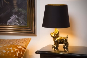 Lampa nocna z czarnym abażurem i złotym porcelanowym buldogiem Lucide 13533/81/10 Sir Winston E14