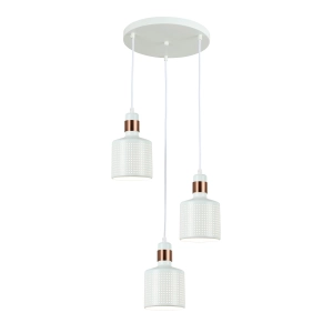 Lampa wisząca biała trzy metalowe abażury z otworami miedziane dodatki na przewodach Italux PND-2439-3-WH Restenza 3xE27