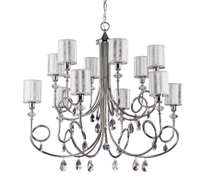 Chromowana duża lampa wisząca żyrandol z kryształkami i srebrnymi abażurami Jupiter 1596  Delfina 12xE14 94cm