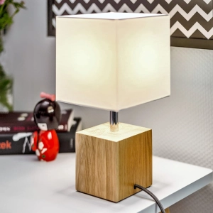 Lampa nocna drewniana kostka z białym abażurem z tkaniny drewno dębowe Spot-Light 7191174 Trongo Square E27 30cm