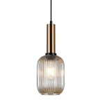 Lampa wisząca szklany klosz podłużny ryflowany na przewodzie złoty trzon Italux PND-5588-1M-BRO+AMB Antiola 1xE27