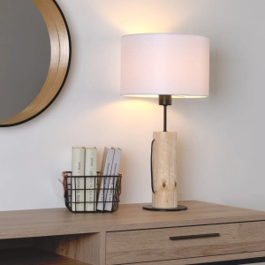 Lampa nocna stołowa drewniana podstawa z metalowym czarnym stelażem i białym tkaninowym abażurem drewno sosnowe Spot-Light 77626904 Pino E27 54cm