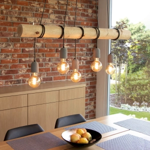 Lampa wisząca do jadalni na belce z drewna sosnowego i betonowe oprawki Spot-Light 69499504 Trabo Concrete 5xE27 140cm x 115cm