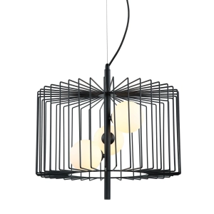 Lampa wisząca do salonu metalowa metalowy abażur w kształcie walca z czarnych prętów trzy kule z mlecznego szkła Italux MDM-3937/3 BK Daren 3xG9