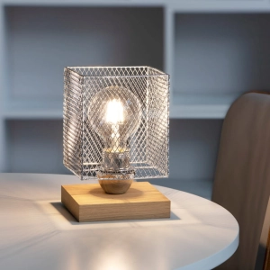 Lampa nocna industrialna drewniana podstawa metalowy abażur srebrna siatka kratka na żarówkę dekoracyjną Spot-Light 9175974 Norman Wood E27 13x19cm