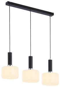 Czarna lampa wisząca z chromowanymi dodatkami i białymi kloszami na listwie Jupiter 1863 Vanes Ch 3xE27