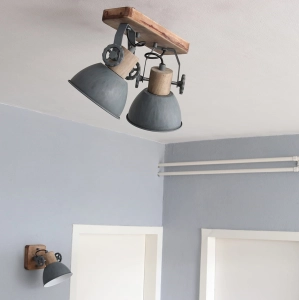 Lampa Sufitowa z dwoma reflektorami Mexlite 7969GR Gearwood 2xE27 19cm x 33cm drewno szary regulowana
