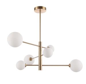 Złota lampa wisząca z sześcioma białymi kulami na końcu obracanych ramion Light Prestige LP-002/6P Dorado 6xG9