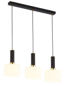 Czarna lampa wisząca z mosiężnymi dodatkami i białymi kloszami na listwie Jupiter 1854 Vanes Ms 3xE27