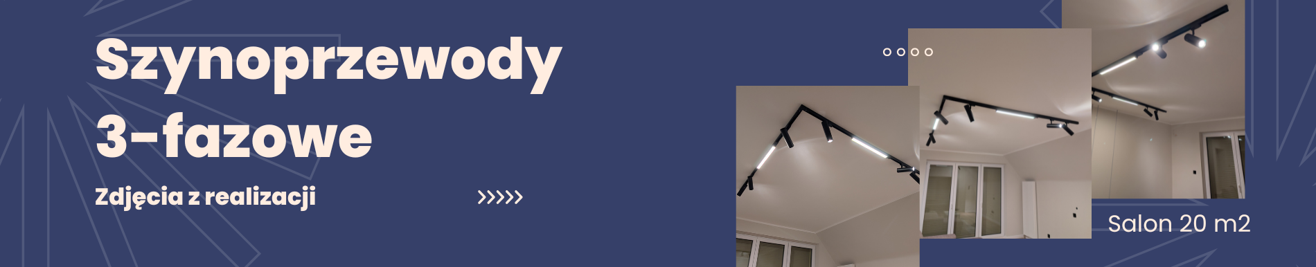 Czarne szynoprzewody 3-fazowe w kształcie L w salonie 20 m2