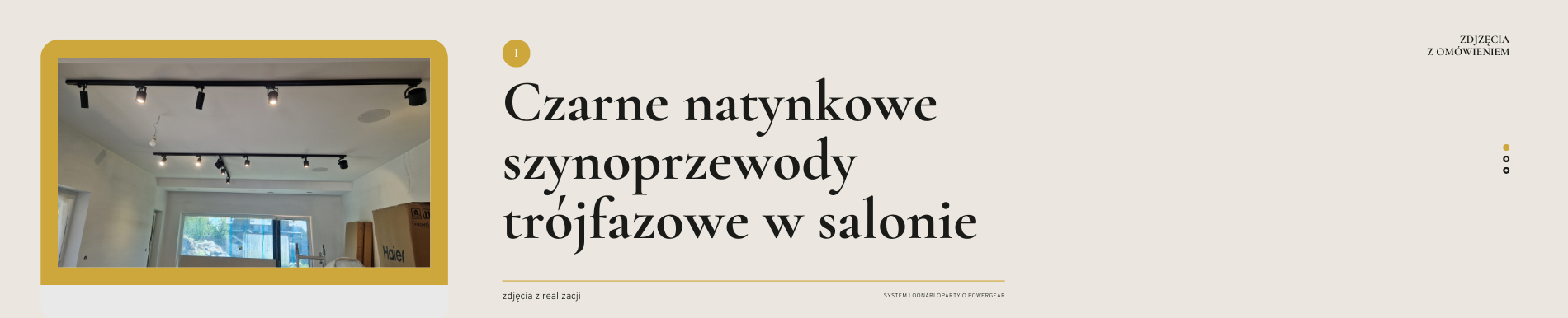 Czarne natynkowe szynoprzewody trójfazowe w salonie