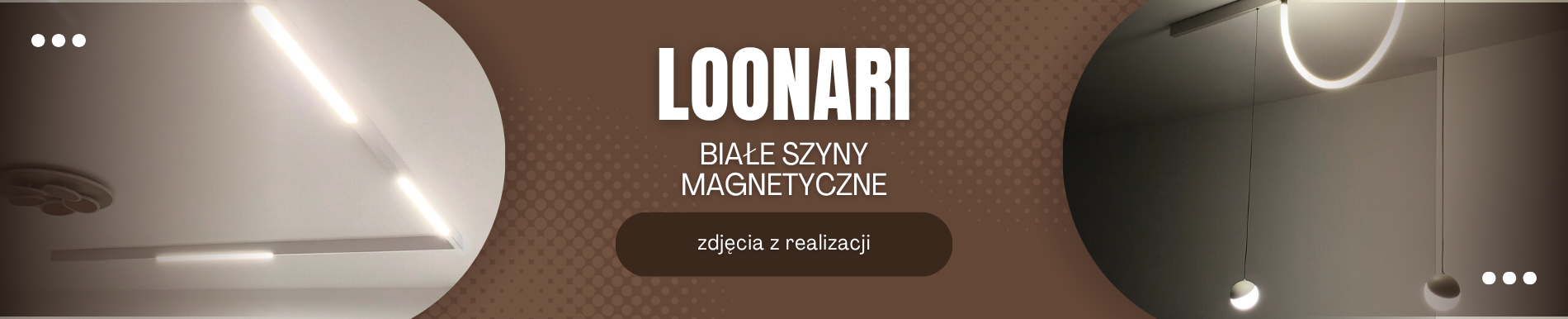 Białe szynoprzewody magnetyczne natynkowe Loonari w salonie z aneksem kuchennym